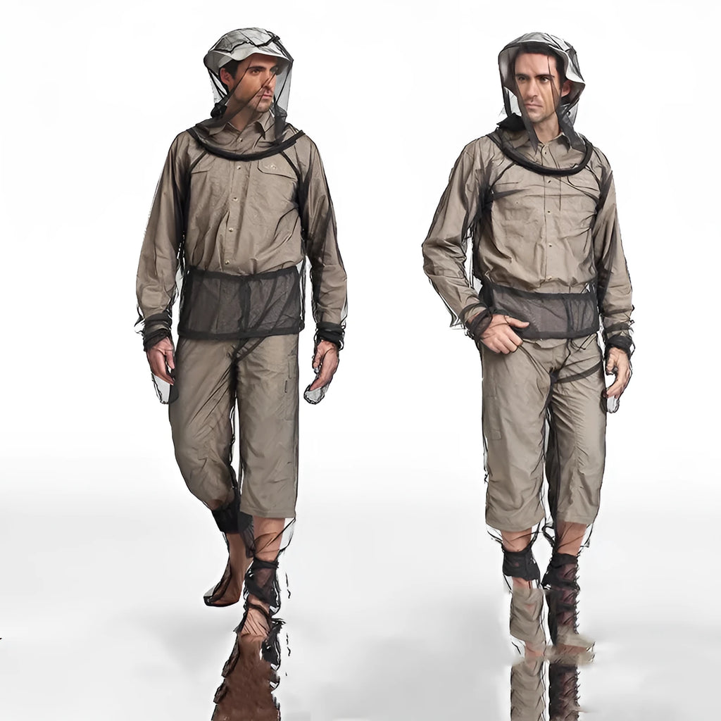 Mosquito-proof clothing four-piece set with hooded top, trousers and booties for outdoor activities