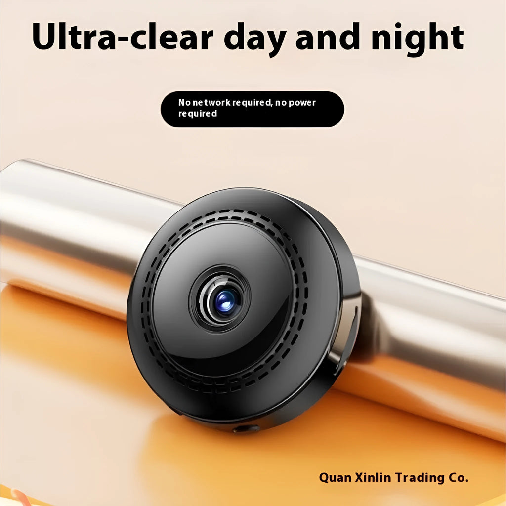 Wireless security camera with 360-degree rotation showing circular design and remote monitoring capability