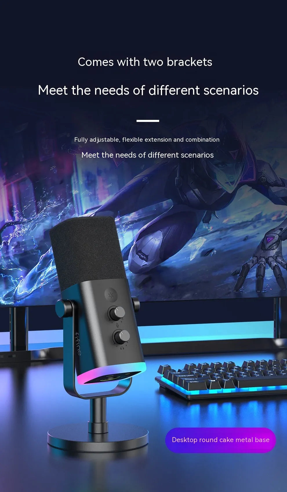 Dynamic noise reduction condenser microphone in black, pink or white with USB-C XLR cable and desktop base