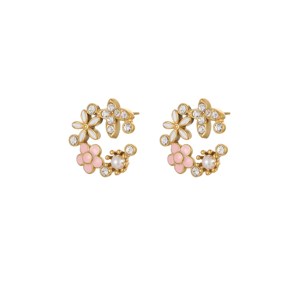 Flower stud earrings with petal design in gold electroplated finish on stainless steel