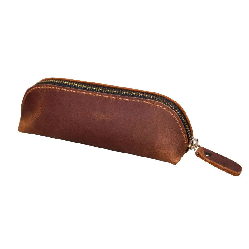 Square brown genuine cowhide leather pencil case with zipper closed