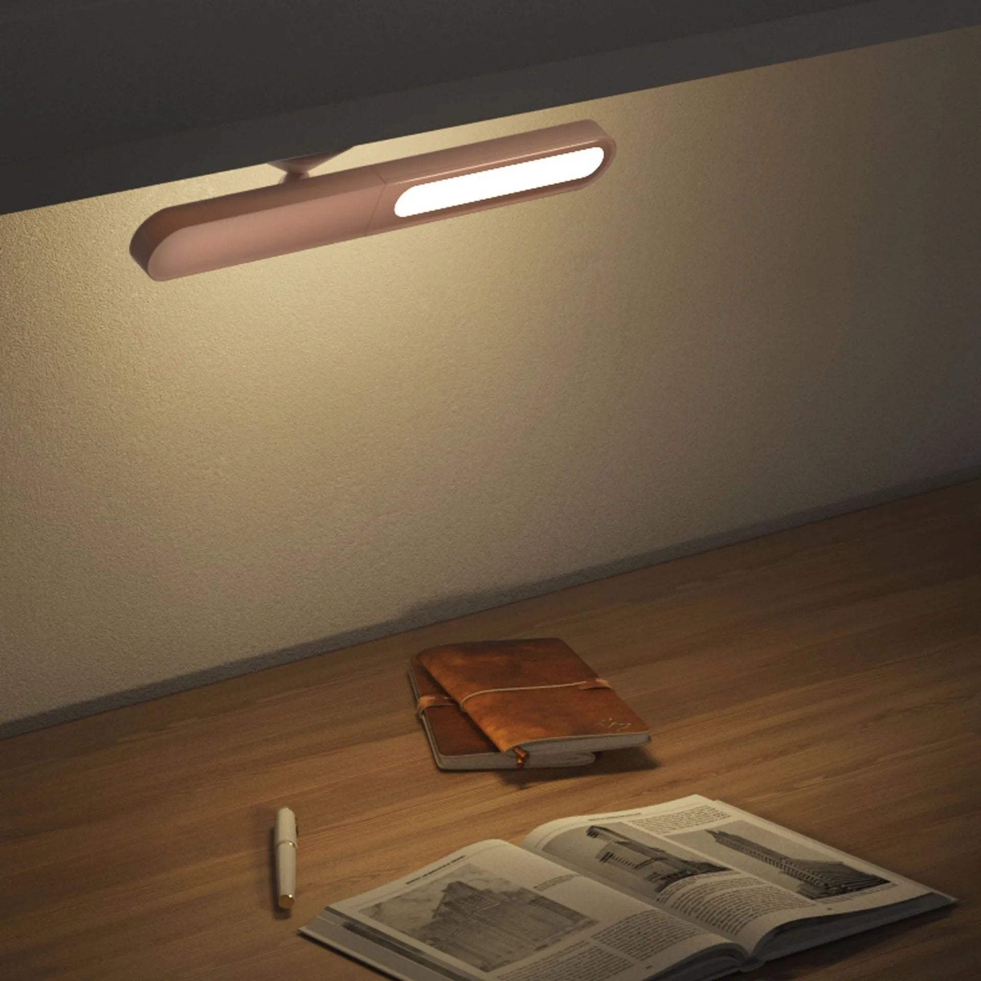 White geometric desk lamp with magnetic suction base and touch control on wooden desk
