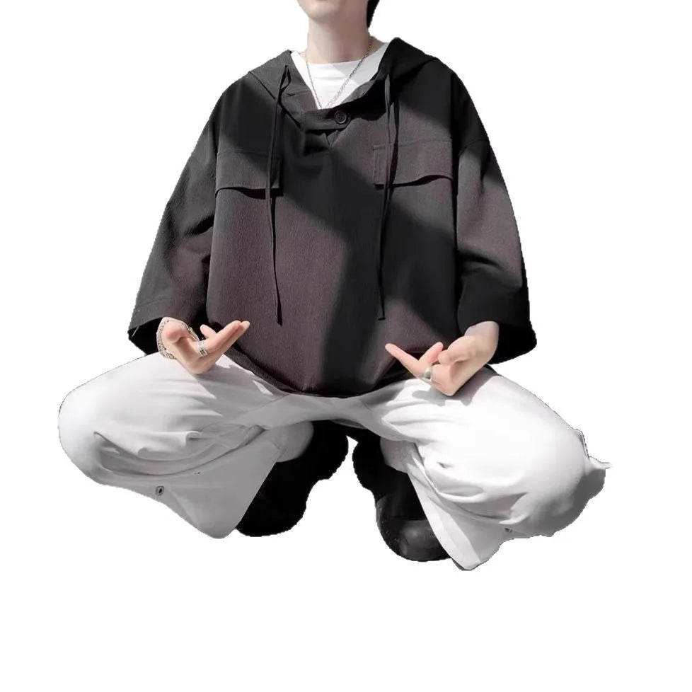 Men's hooded short sleeve t-shirt in loose fit polyester available in multiple colours