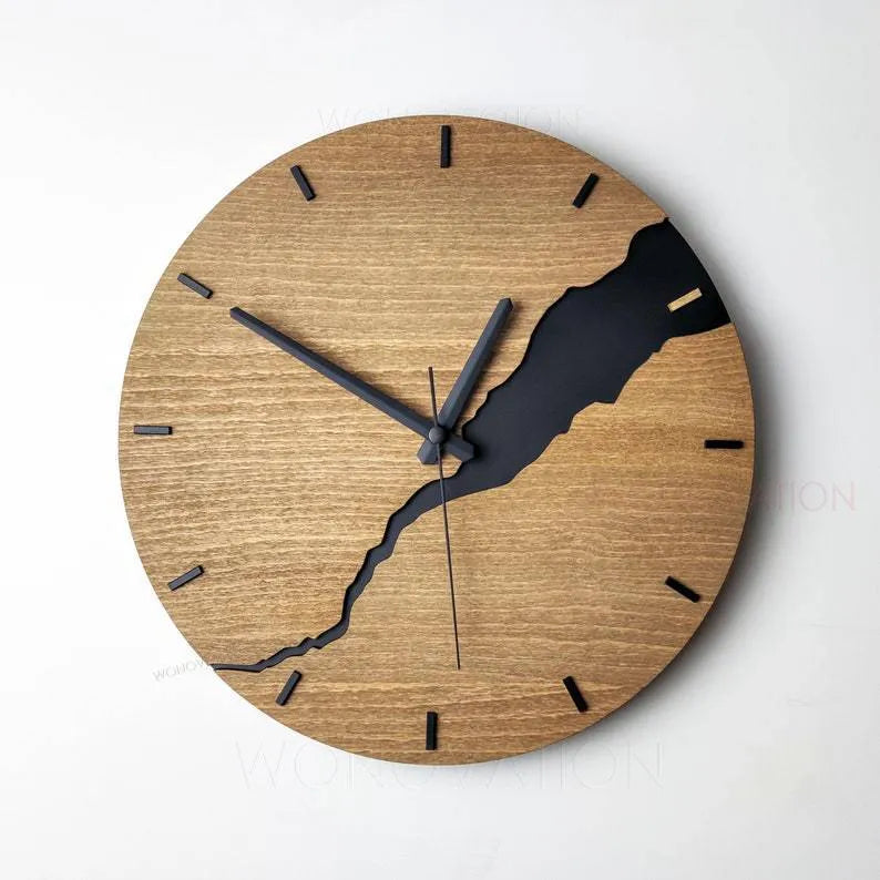 Modern simple wooden wall clock with a creative crack pattern design in a choice of five colours.