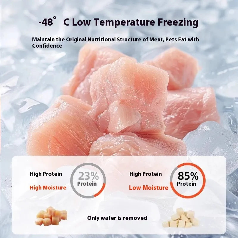 Freeze-dried dog snacks in twelve styles including chicken liver beef egg yolk duck and fish varieties packaged in resealable bags