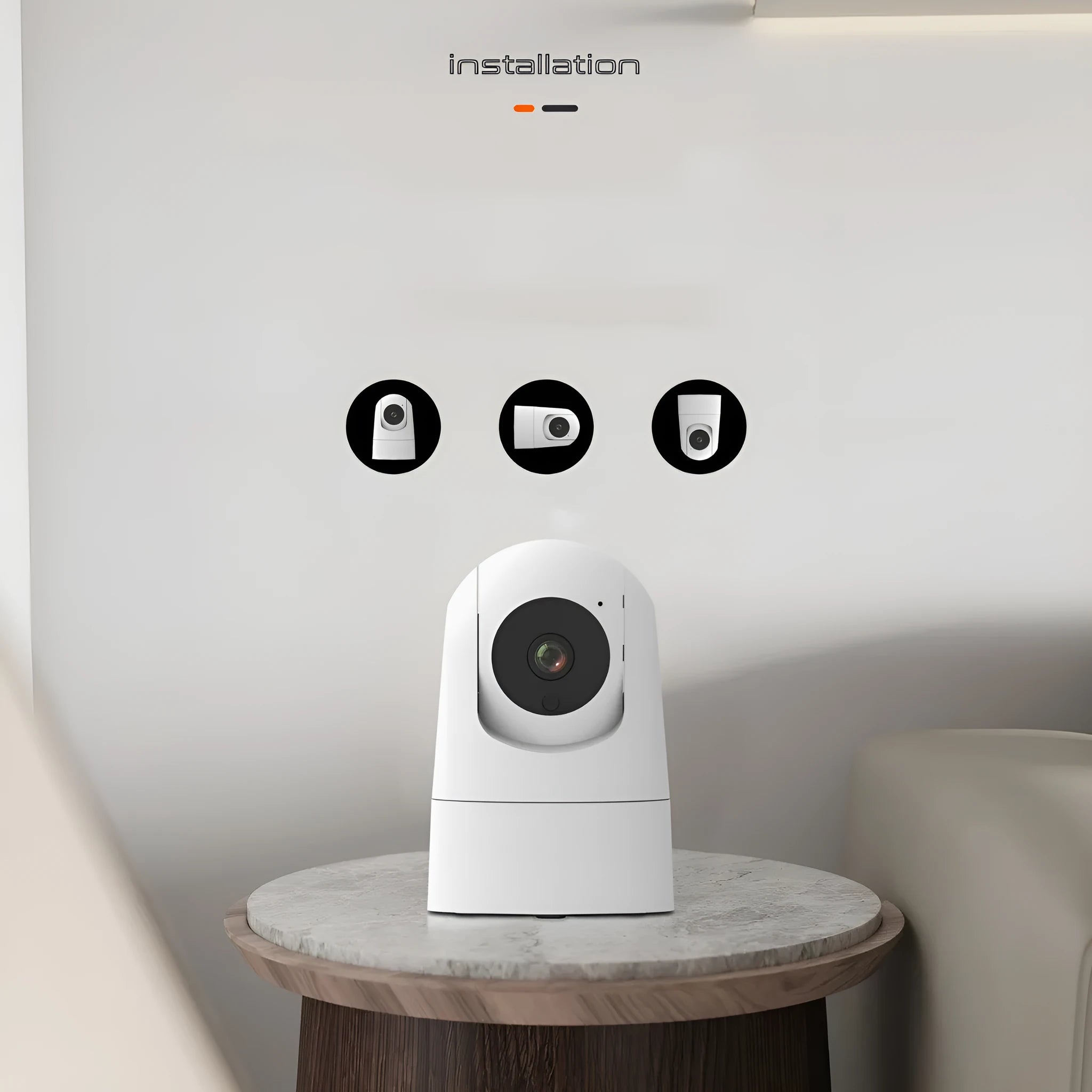 White indoor smart security camera on a table with UK power plug