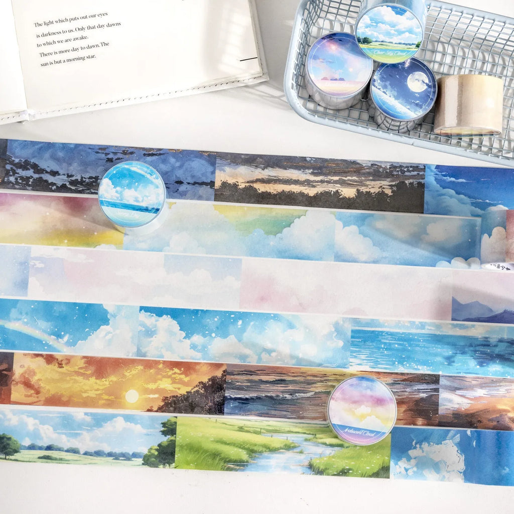 Roll of Japanese paper decorative tape with sky theme designs including clouds and nebula, labelled 30mm width.