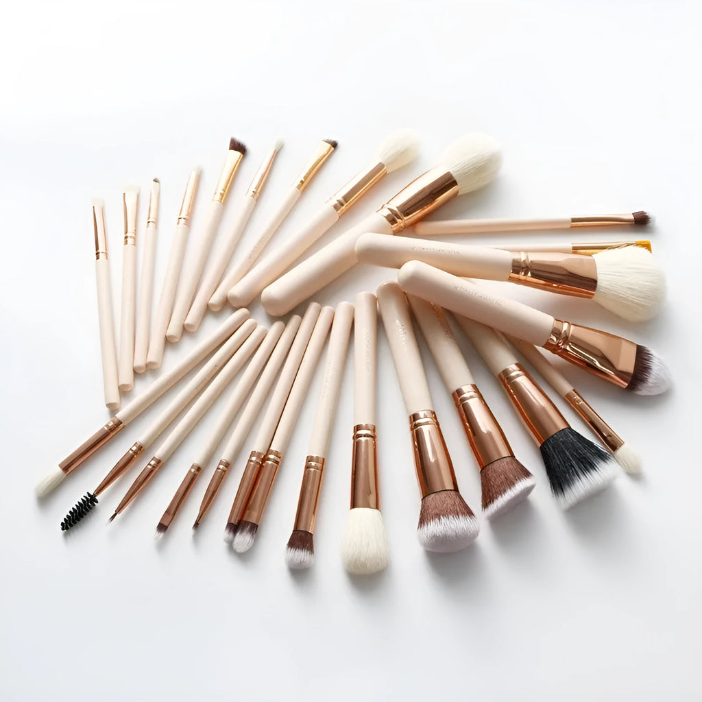26 piece pink wooden handle makeup brush set in a PU travel bag