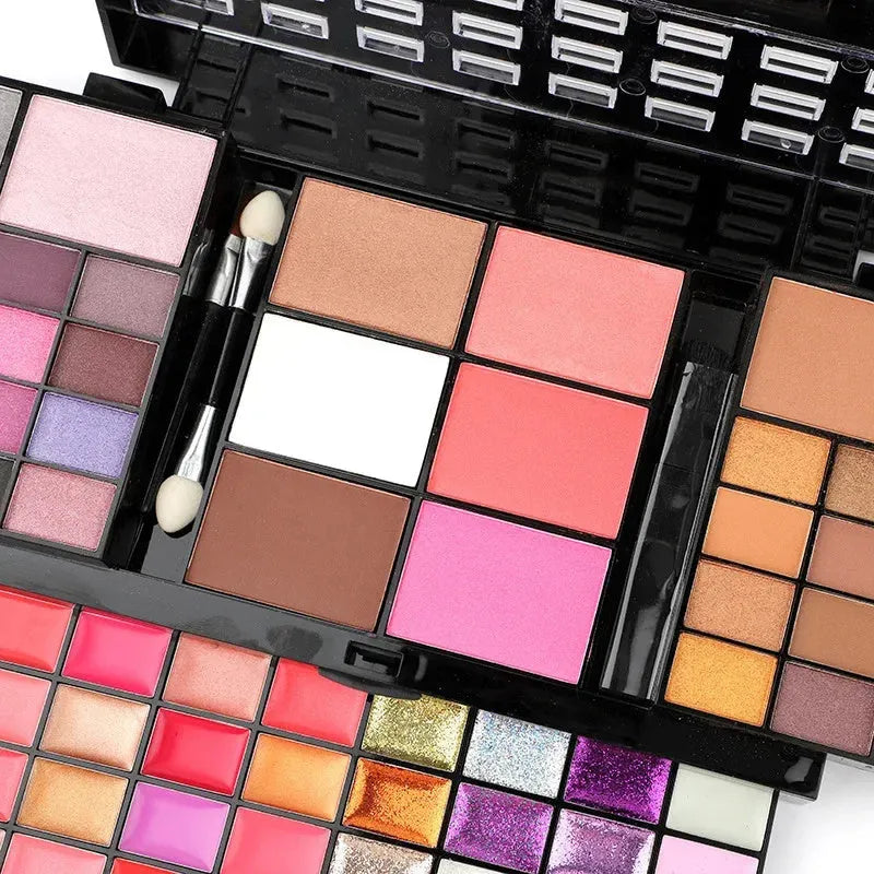 74 colour makeup palette with eyeshadows, lip glosses, face powders, brushes in plastic case