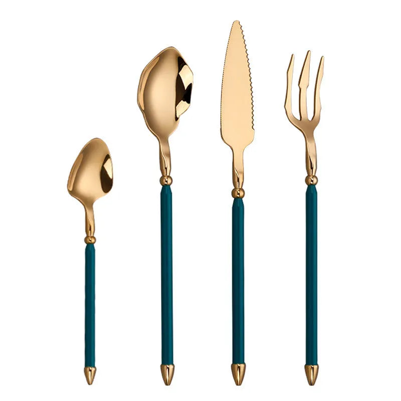 Stainless steel 4-piece cutlery set with knife fork and two spoons in a solid colour finish