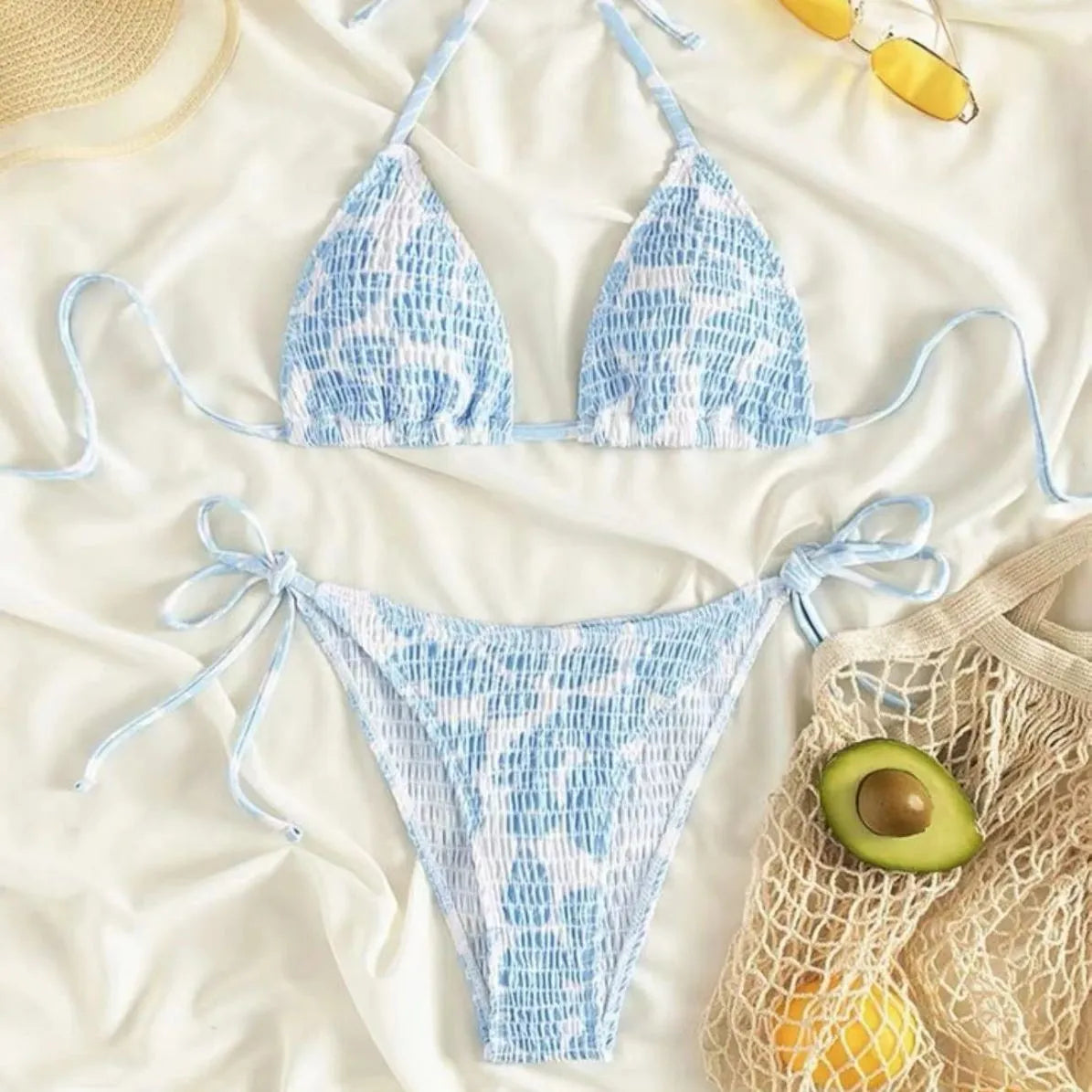 Women's floral pattern halter neck swimsuit bikini set in multiple colour options