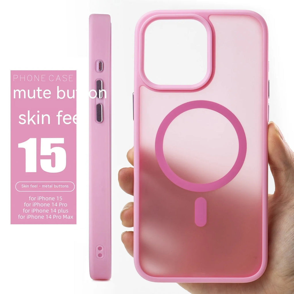 Matte skin-feel magnetic phone case with cherry blossom pink finish for Apple iPhone showing rear camera cutout