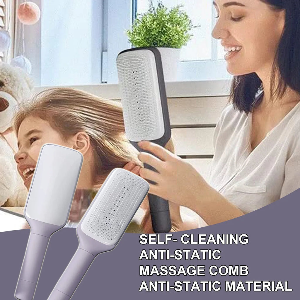 Roland purple self-cleaning hair brush with telescopic handle and wide teeth for detangling