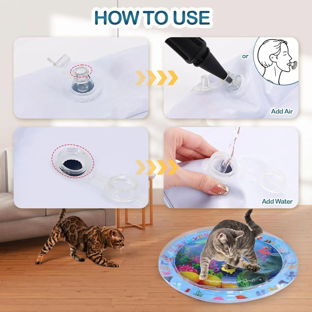 Large blue square water play mat for cats with floating fish toys inside, on a floor.