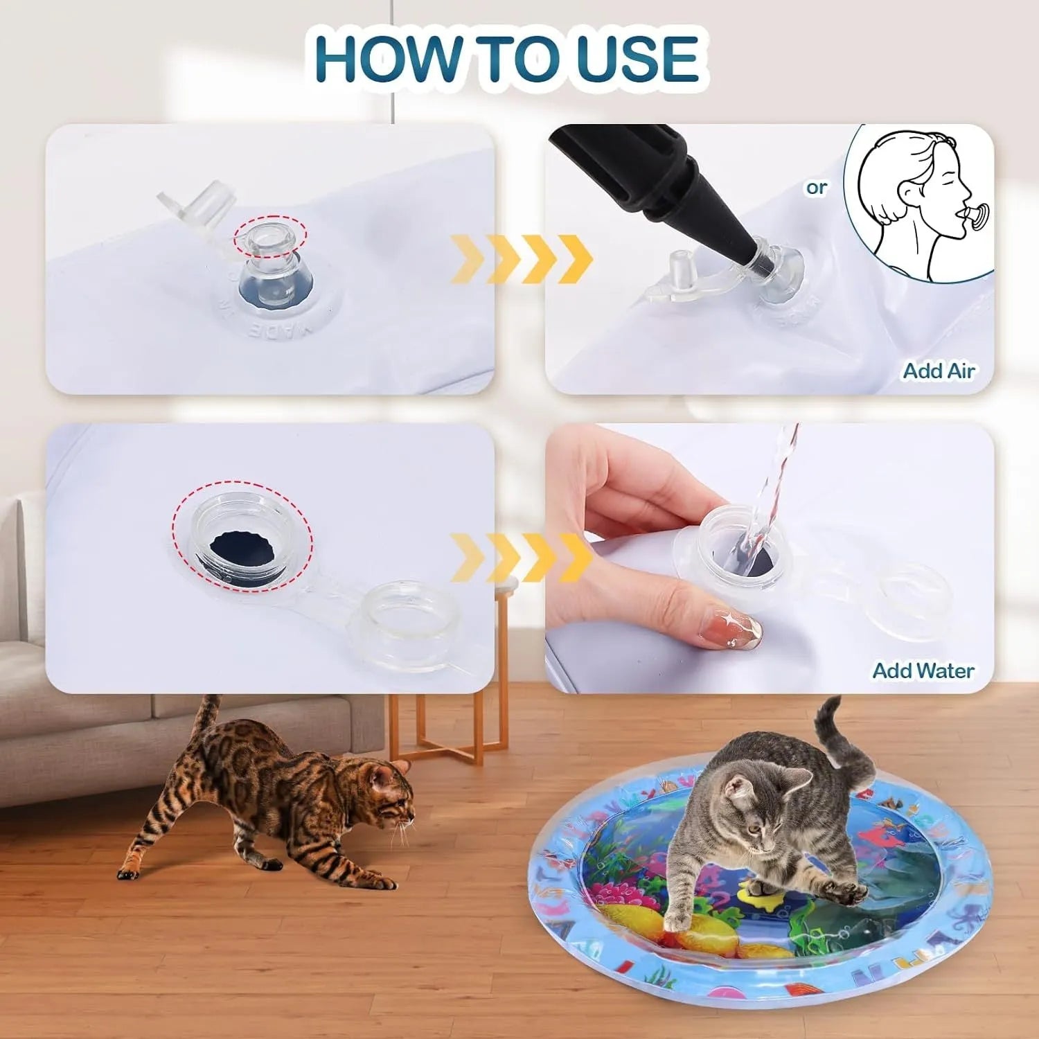Large blue square water play mat for cats with floating fish toys inside, on a floor.