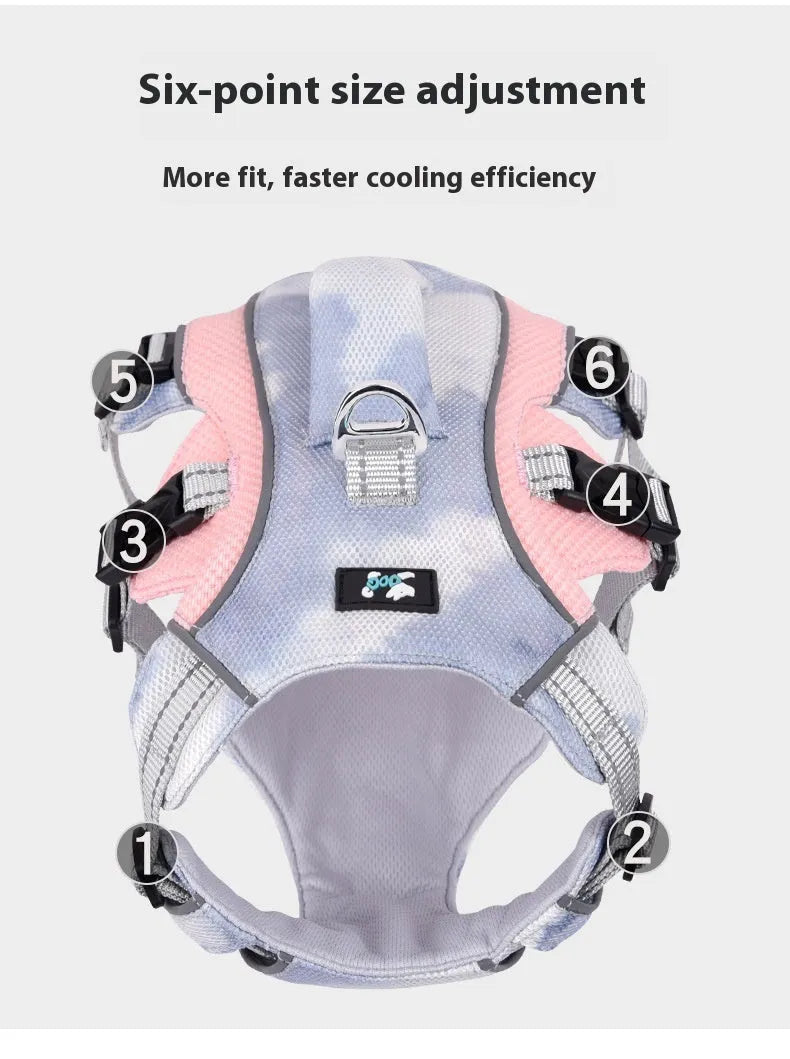 Reflective dog chest strap in light blue colour showing cooling clothes attachment points