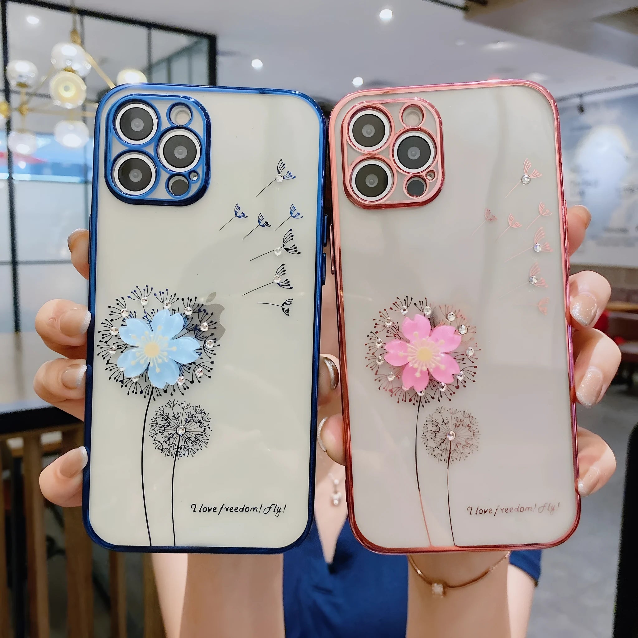 Green iPhone case with 3D flower spin stand and built-in screen protector shown on iPhone 13