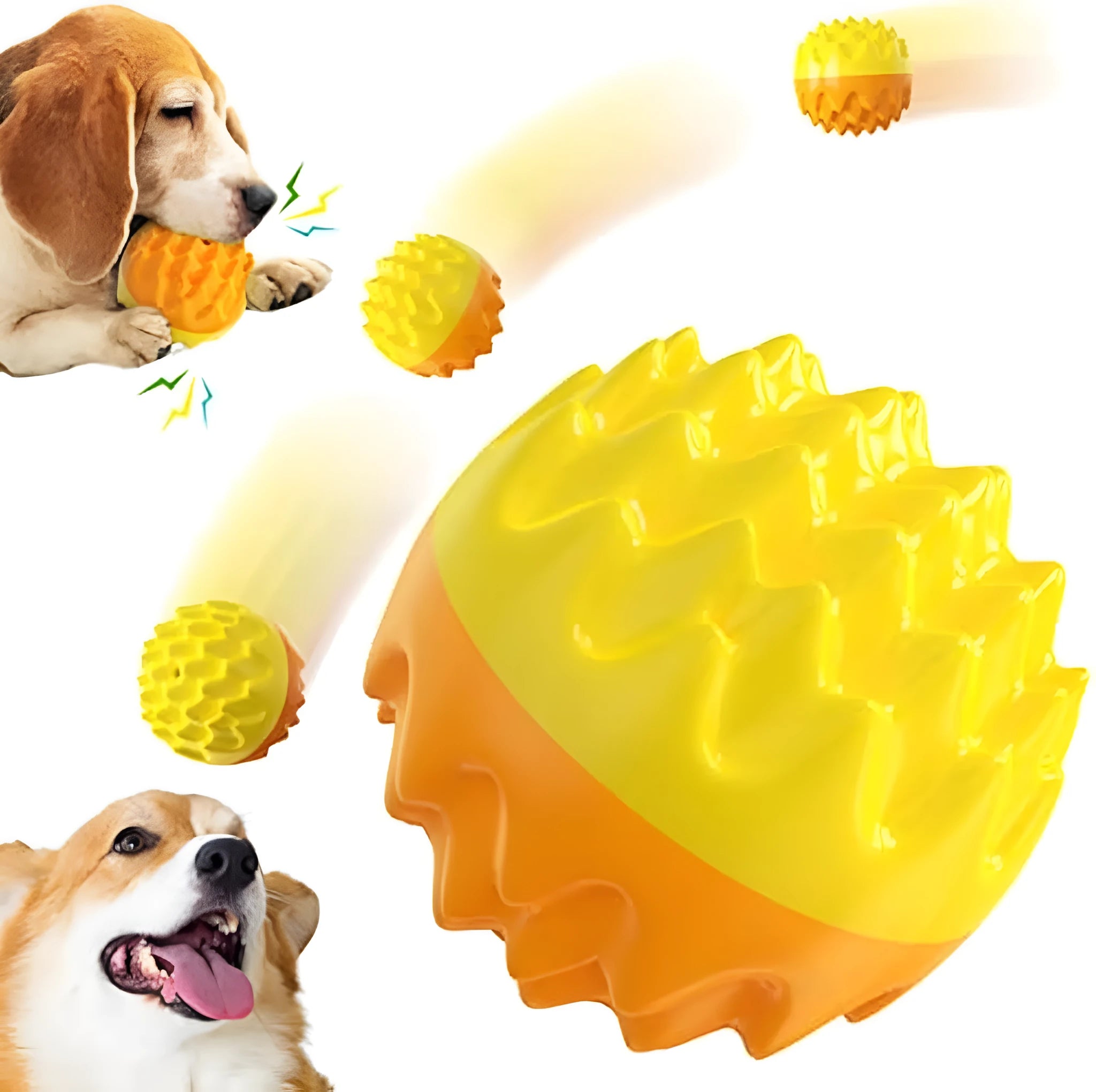 Blue and orange rubber dog ball with spiky texture for dental cleaning and a squeaker inside.