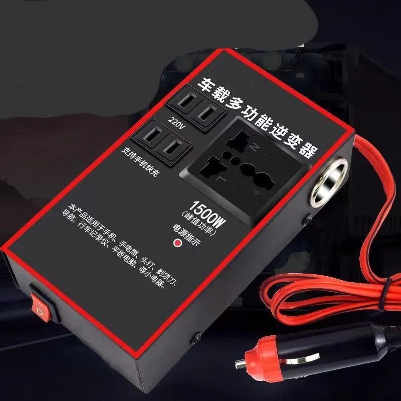 Black automotive power converter converting 12v24v vehicle power to 220v with USB charging ports
