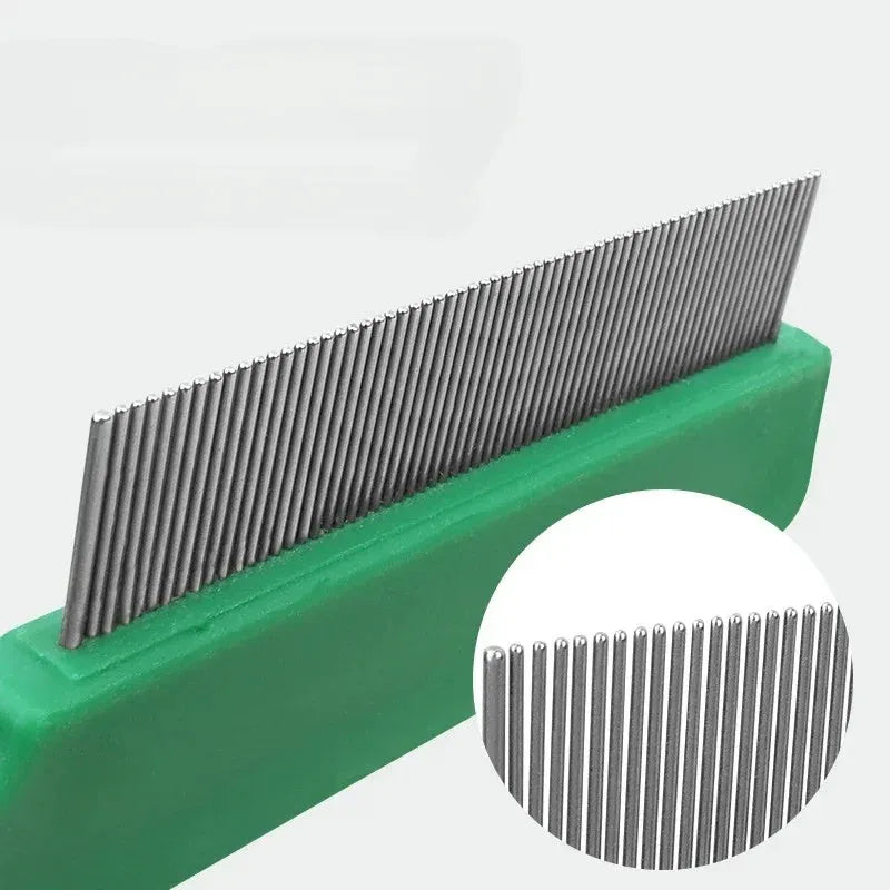 Green plastic handle flea comb with stainless steel pins for pet grooming