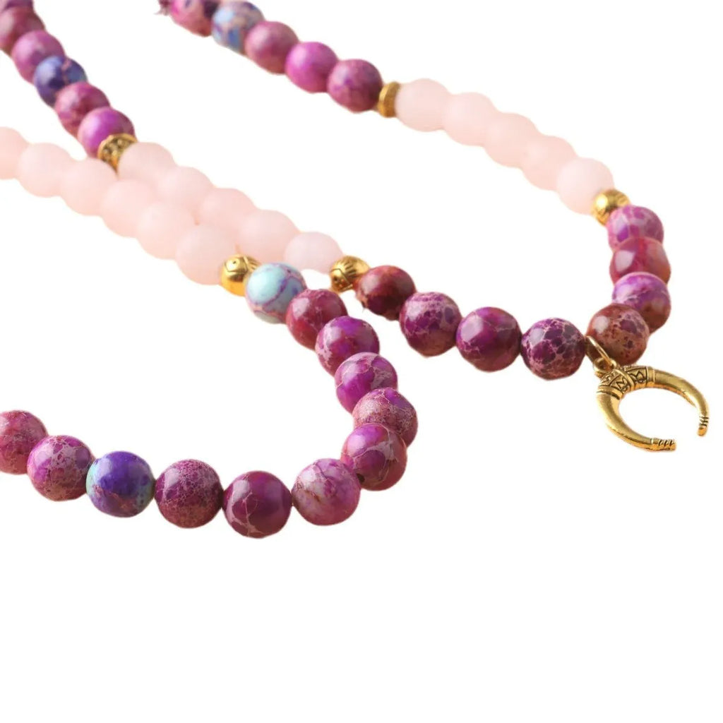 Emperor Stone necklace with pink crystal round beads pendant on chain