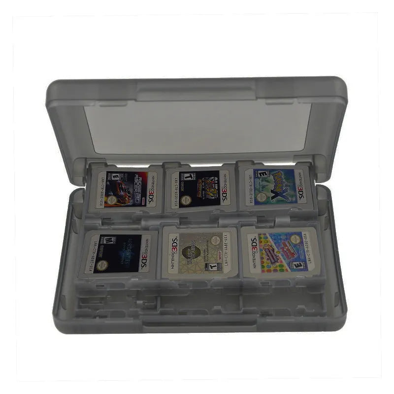 NDS 3DS 24-game card storage box in black blue pink white colours showing game cartridge capacity