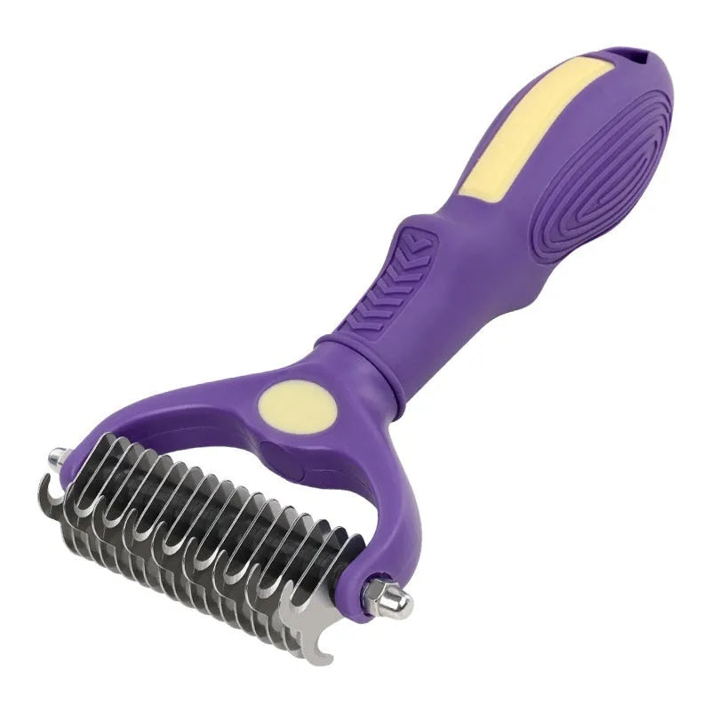 Purple double-sided plastic dog comb for untangling knots and removing loose hair.