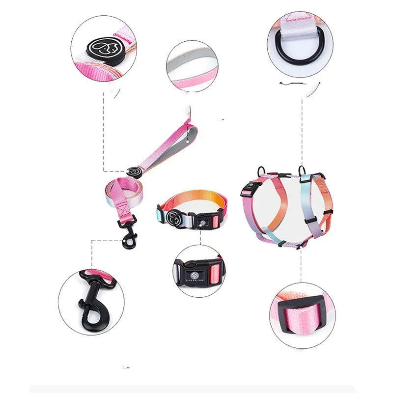 Gradient colour pet chest strap made of polyester in sizes S, M, L.