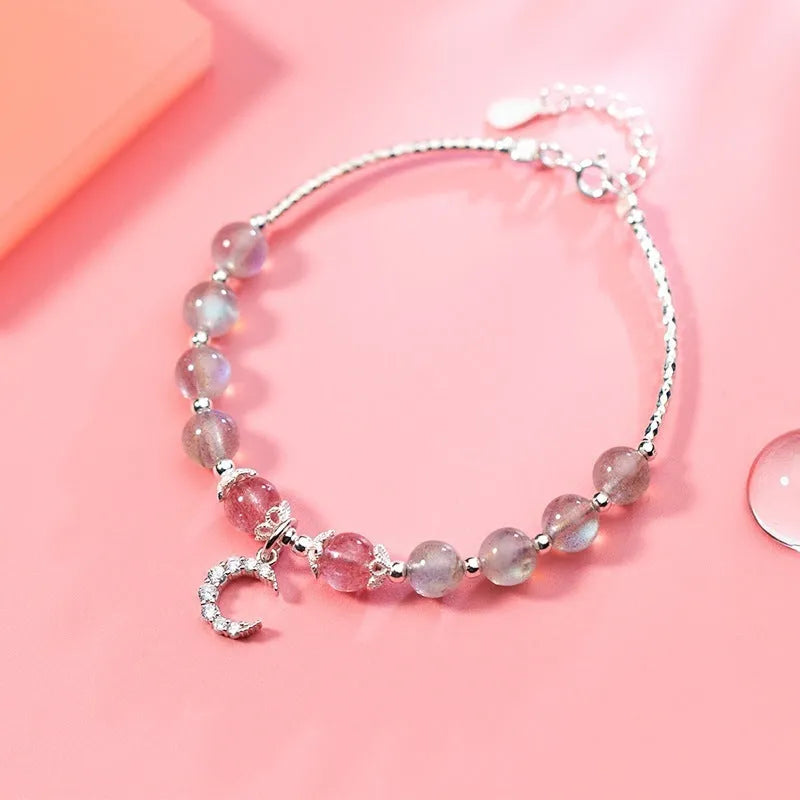 Natural moonstone handmade bracelet with adjustable length and crescent moon detail