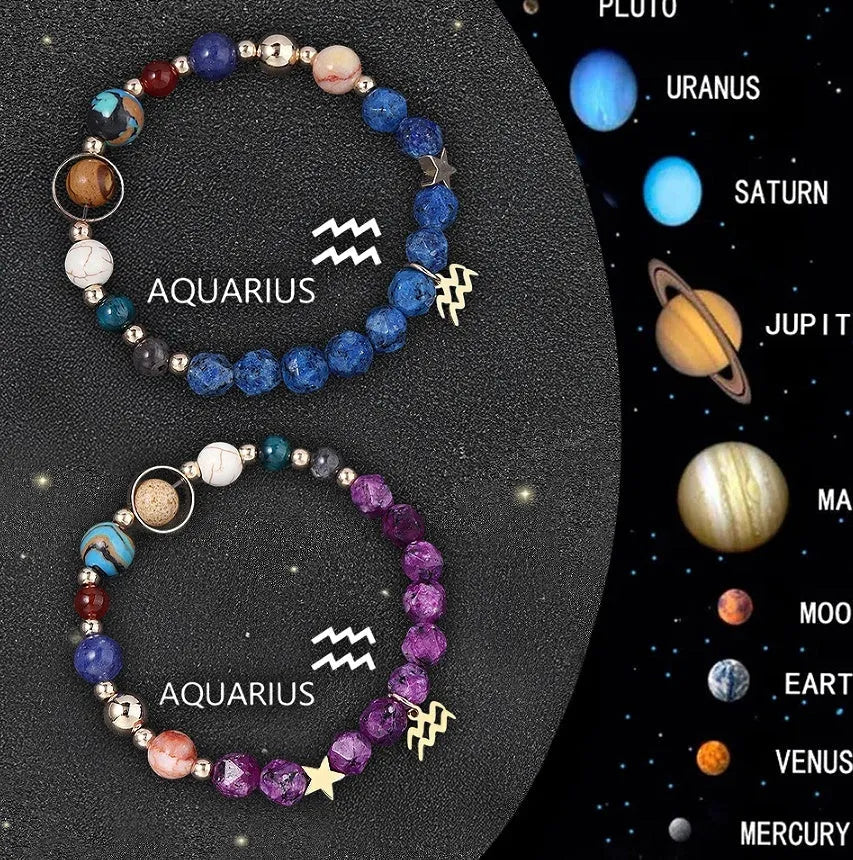 Two natural stone beaded bracelets with zodiac charms on a wooden surface, showing adjustable knot closures.