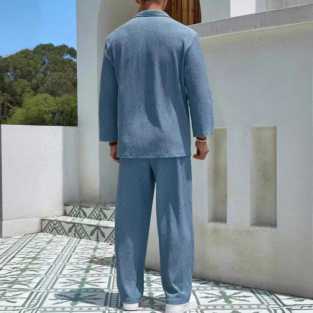 Men's casual shirt trousers suit in polyester available in lake blue, khaki, black and caramel colours