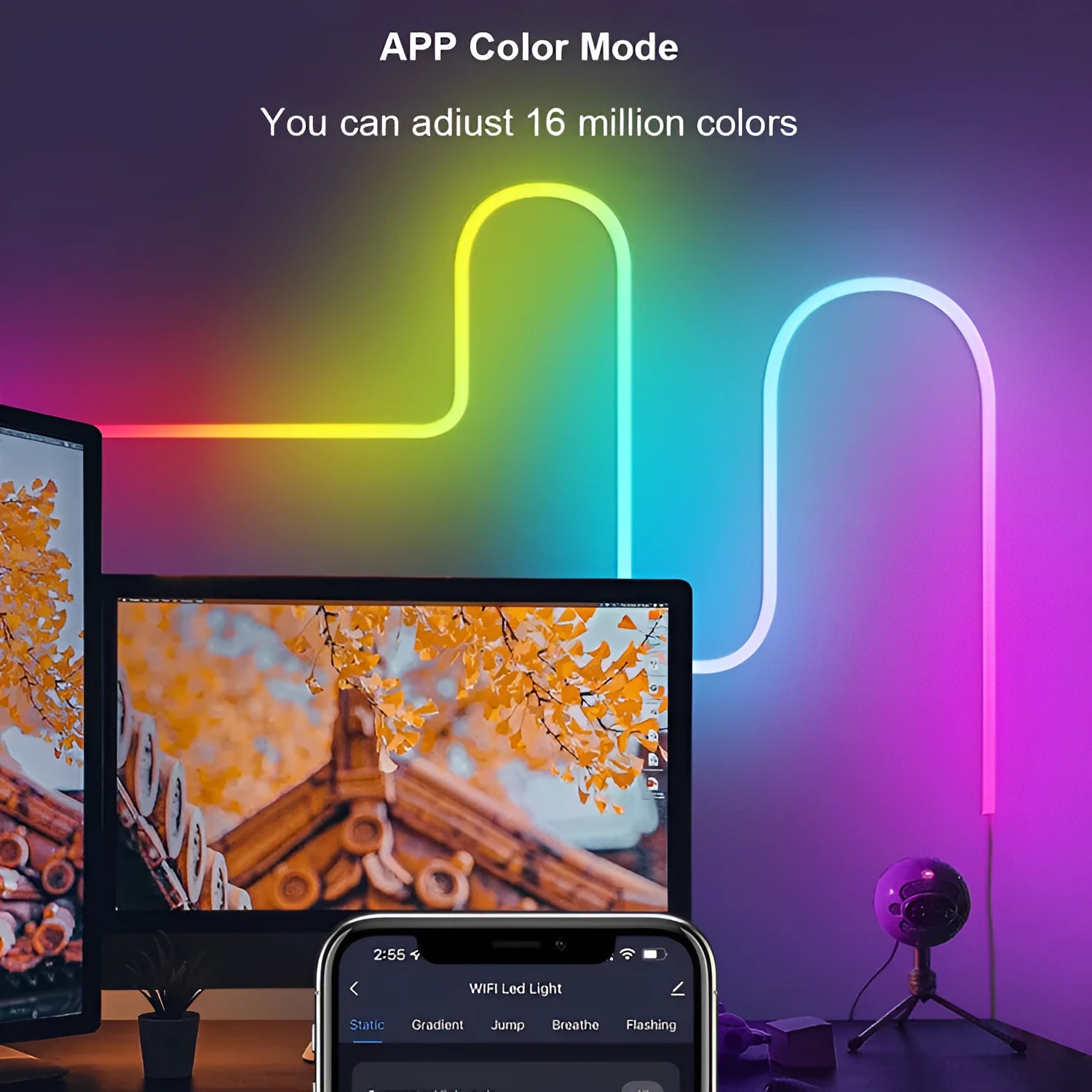 3 metre USB RGB neon light strip with remote control showing colour-changing effects