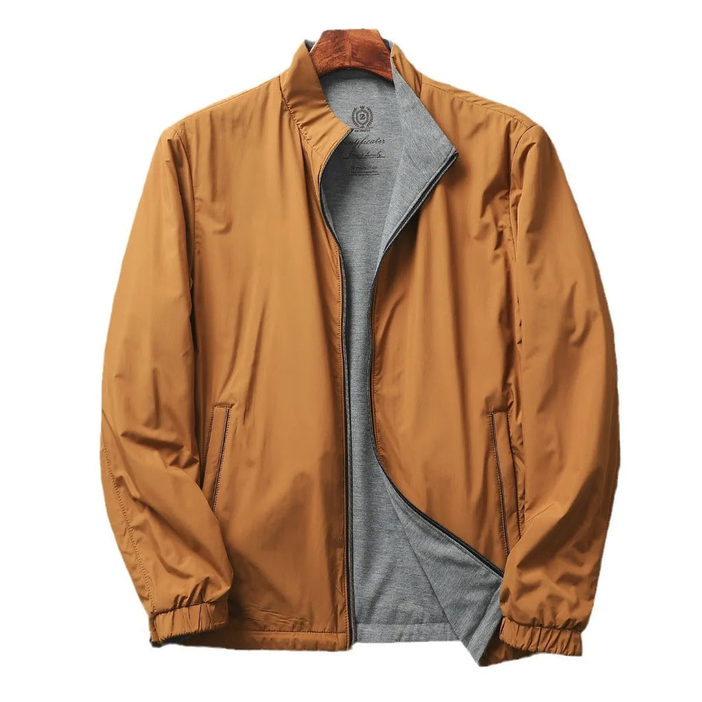 Men's stand collar casual jacket in polyester blend, available in Army Green, Black, Blue, and Orange.