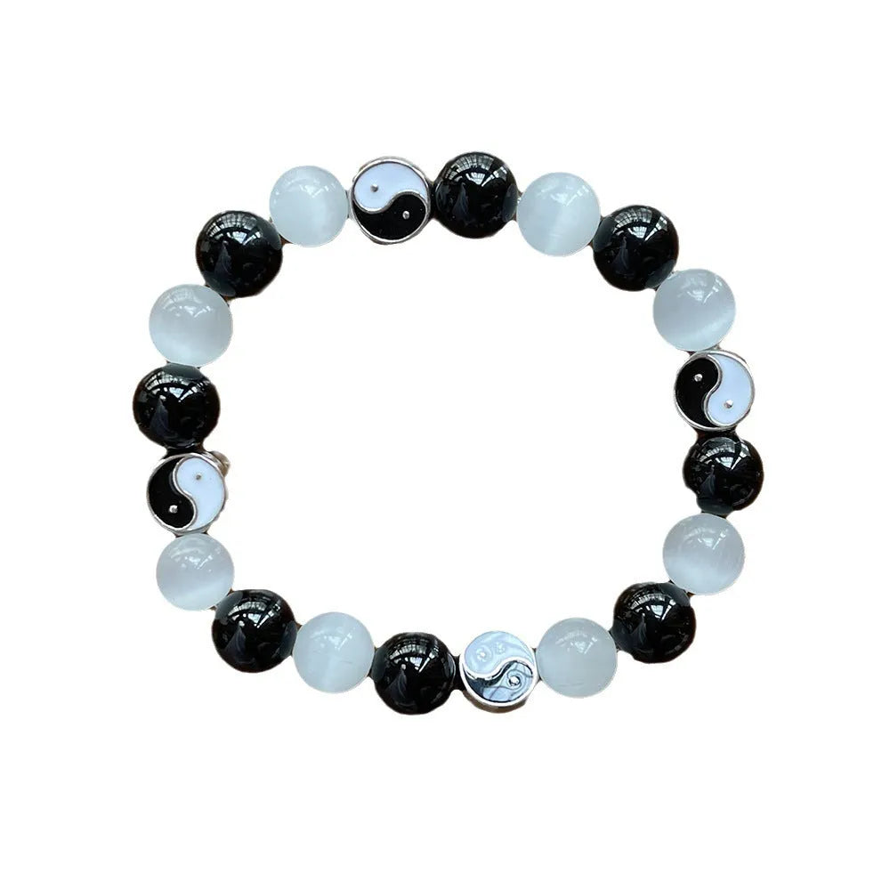 10mm natural opal Tai Chi bracelet with black agate ornamental elements in Chinese style