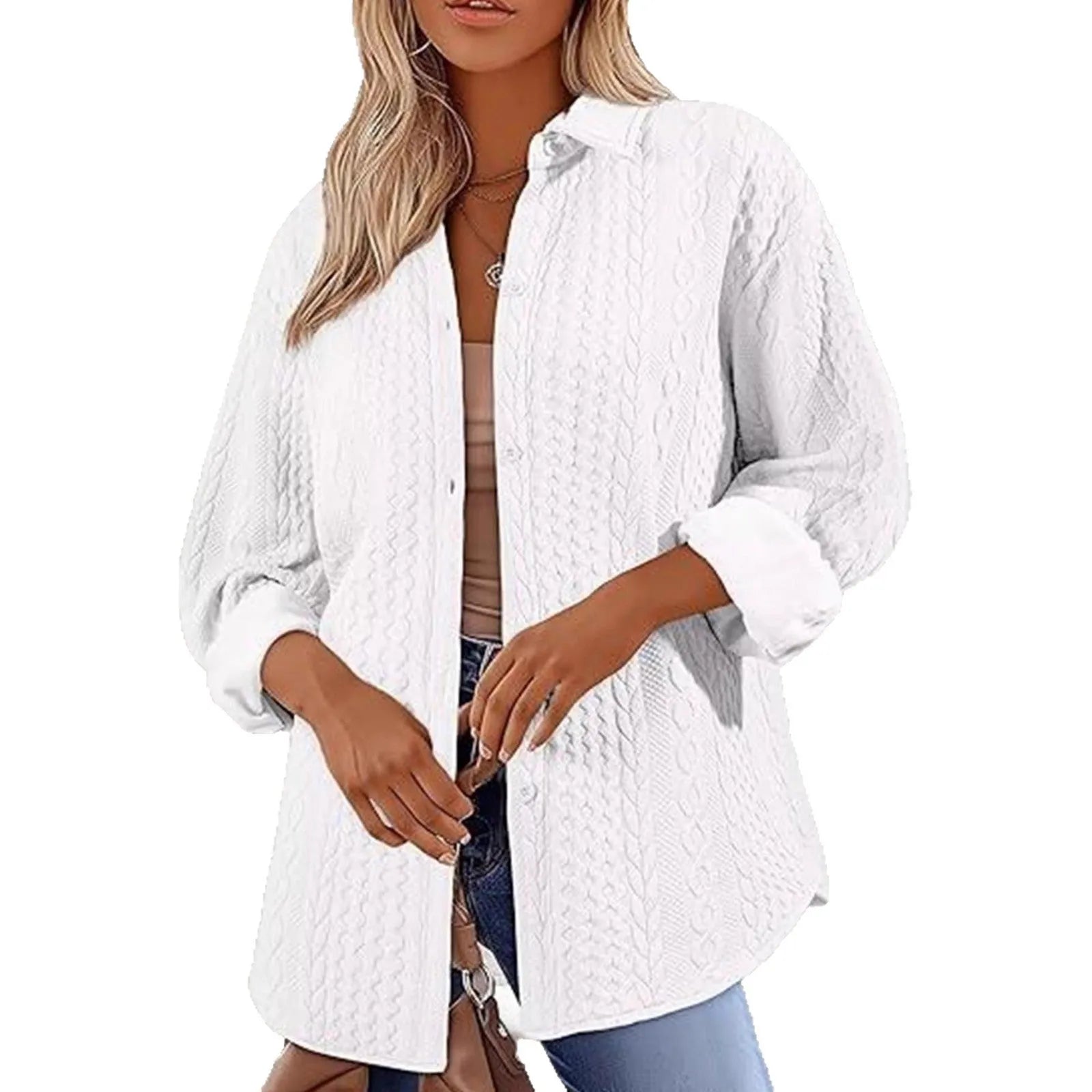 Women's solid colour long-sleeved cardigan in polyester knit fabric, shown in black, white, or khaki