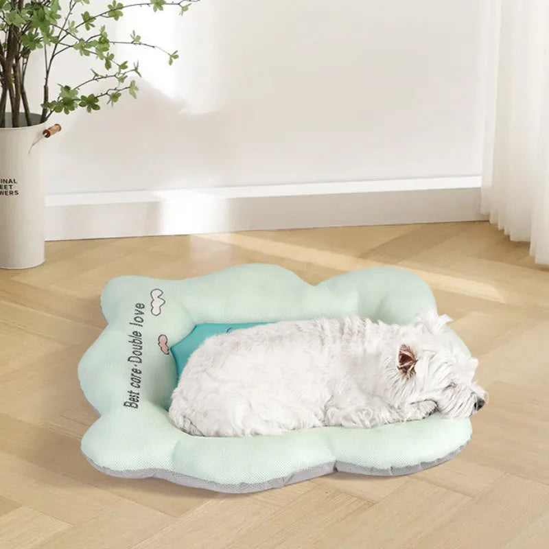 Ice silk pet cooling mat in green or pink colours showing four size options for dogs and cats