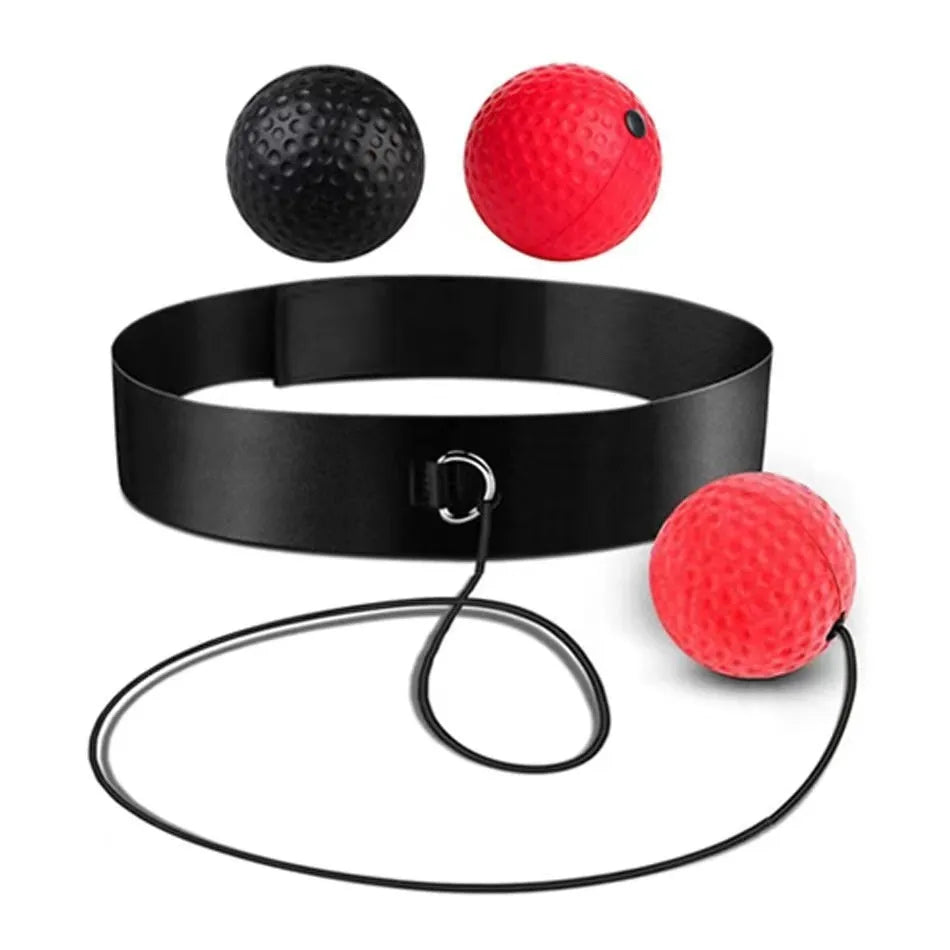 Head-mounted boxing reaction ball trainer with adjustable headband and multiple coloured balls