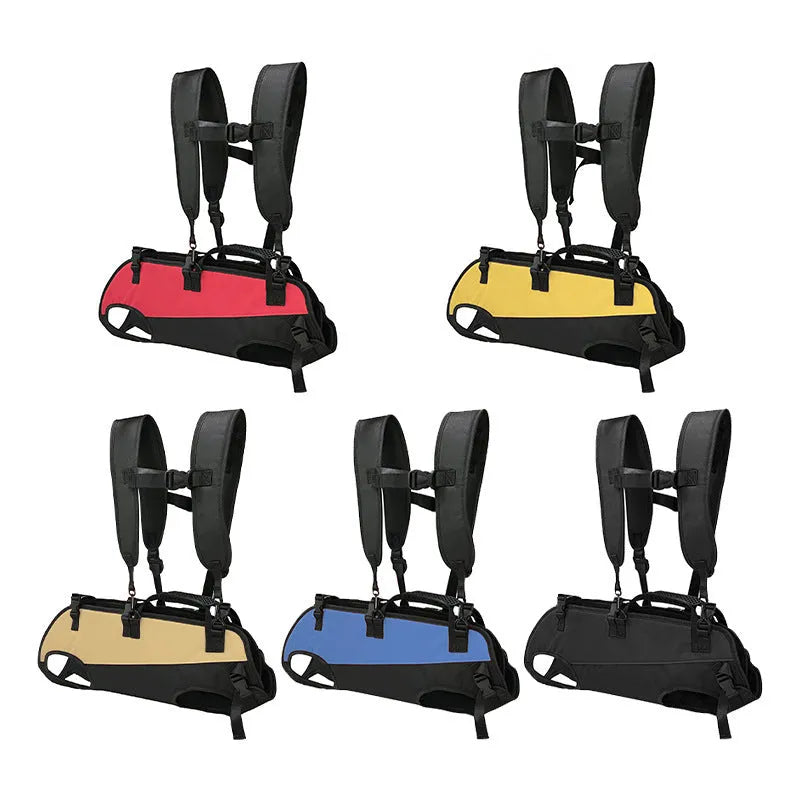 Solid colour Oxford cloth pet backpack shown in two-tone colours like black and khaki, with adjustable straps.