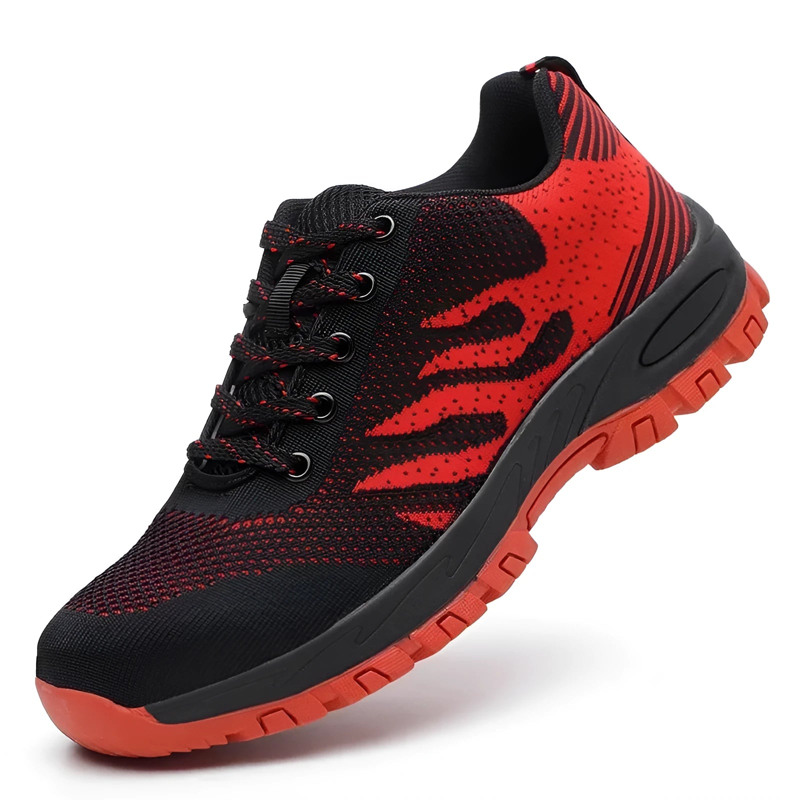 Red low-top safety shoe with a mesh upper and a steel reinforced toe cap on an anti-slip sole.