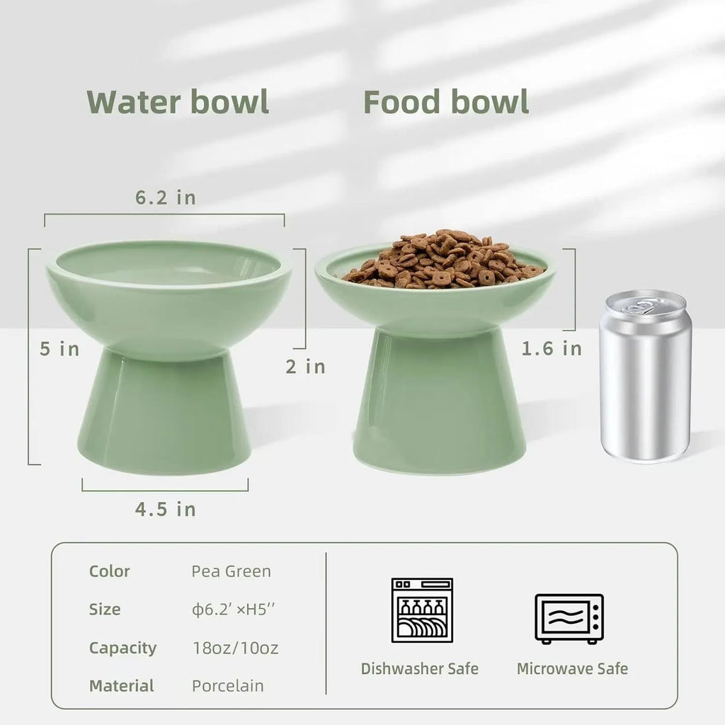 Ceramic elevated cat food bowl in blue showing wide shallow design and raised height