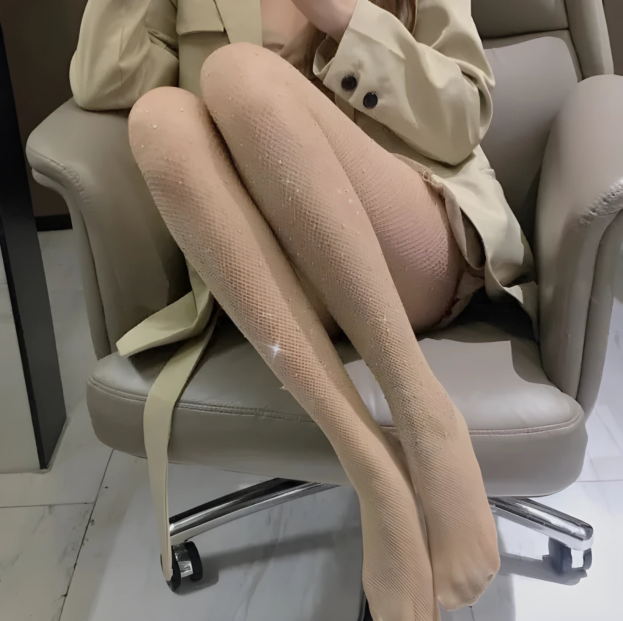 Solid colour fishnet stockings made from thin nylon mesh in skin colour, black, or white.