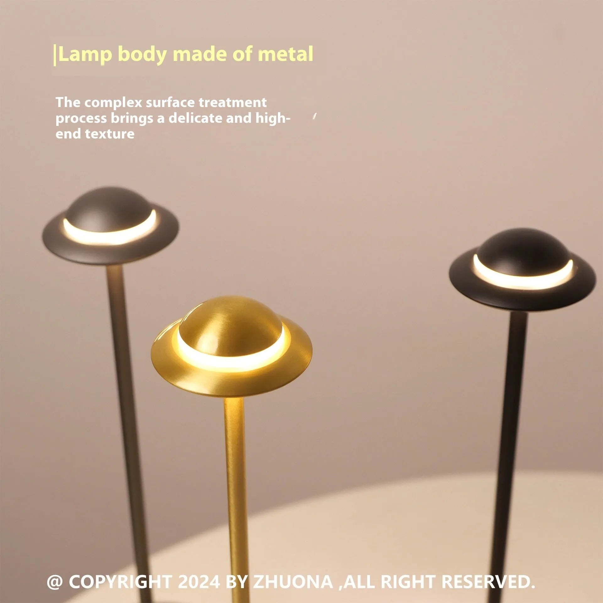 UFO-shaped metal table lamp with touch dimming control in gold, grey or black finish