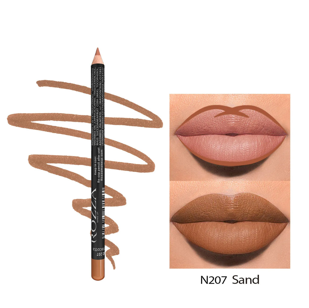 Matte lip liner pencil in a cosmetic case showing one of 14 wood tone shades from colour range 201 to 214