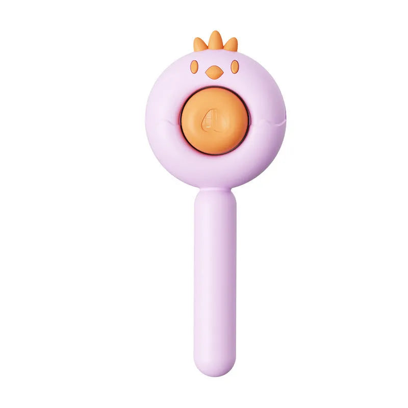 Purple self-cleaning pet grooming brush with stainless steel bristles and a one-button mechanism.