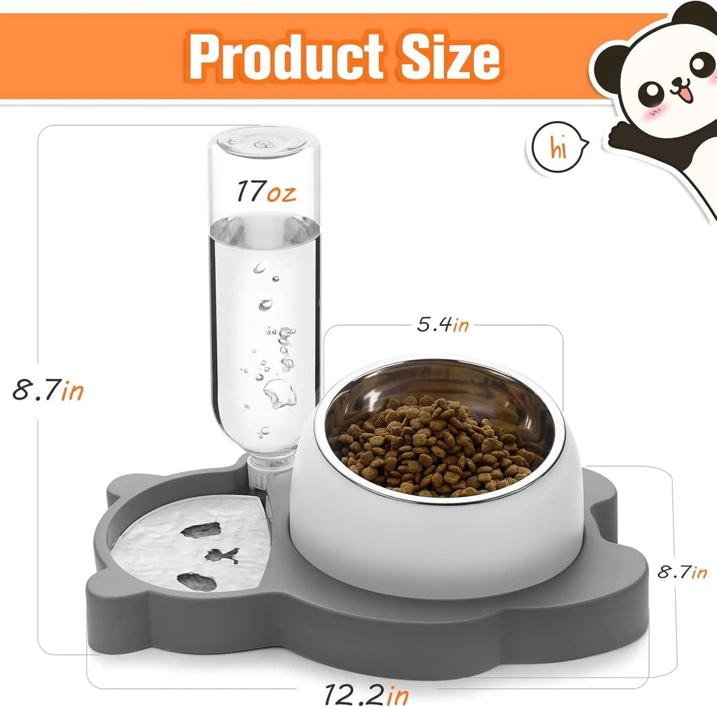 Grey automatic water dispenser and tilted raised stainless steel bowl pet feeder set.