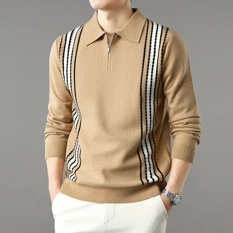 Men's turn-down collar half-zip long sleeve colour block striped polo sweater in beige on a plain background