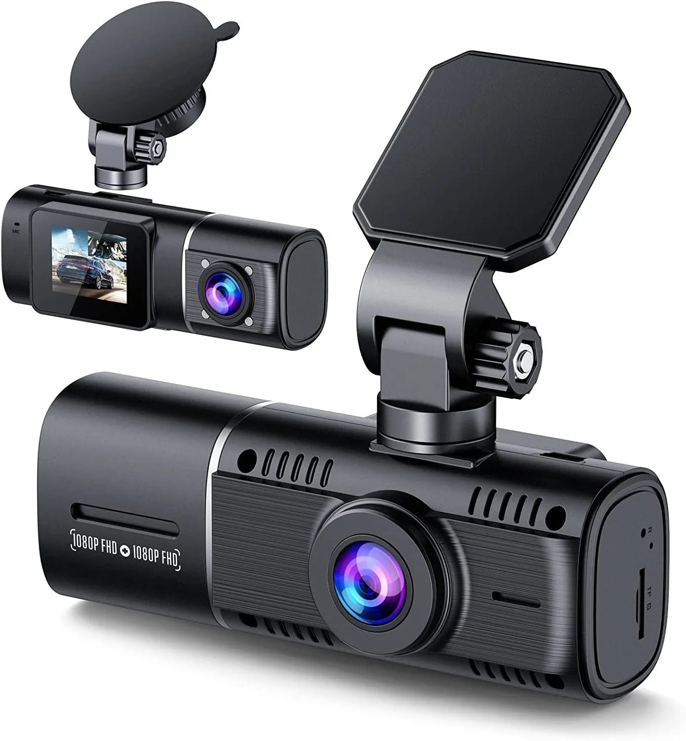Standard black 1080p dash cam with 1.5-inch screen shown with car charger and mounting stand.