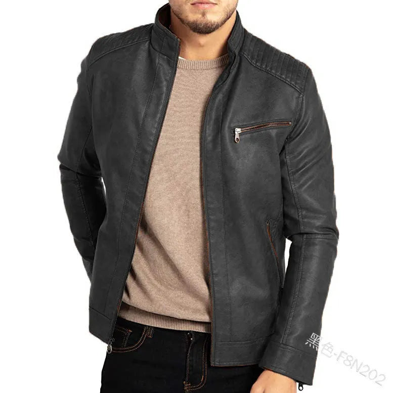 A brown men's punk-style artificial leather motorcycle jacket with a stand collar and patch pockets.