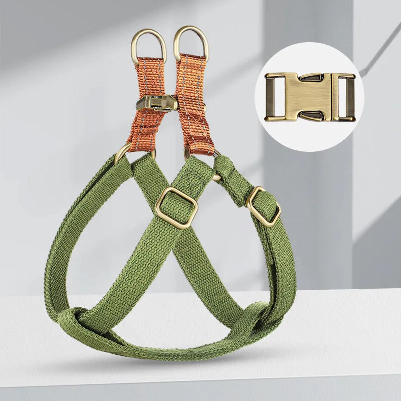 Brown vest-style dog leash with cotton belt and alloy fastener