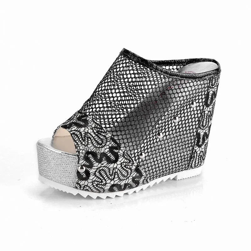 Korean platform lace-up sandals with a mesh upper, hollowed-out heel, and chunky waterproof sole in black, gold, or silver.